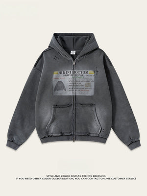 Distressed Washed Printed Hoodies Cardigan