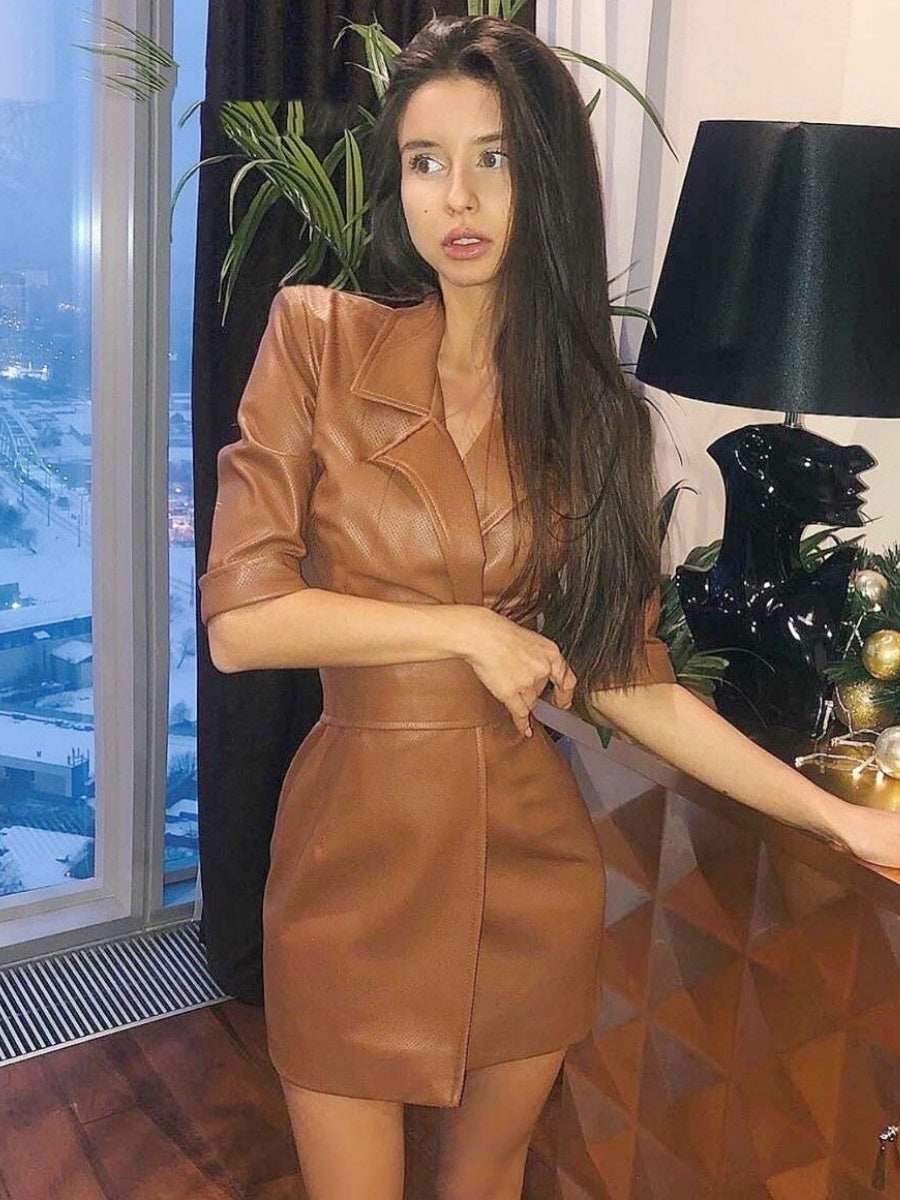 PU Leather Suit Collar Mid-length Sleeves Mini&Short Dresses With Belt