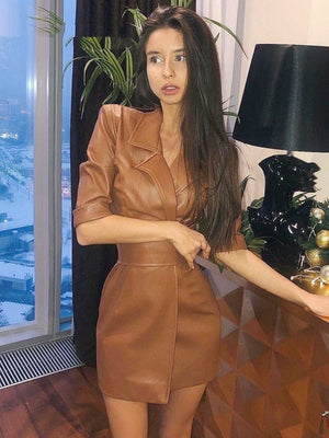 PU Leather Suit Collar Mid-length Sleeves Mini&Short Dresses With Belt
