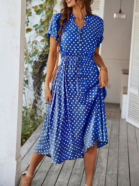Polka Dots Polo Collar Waist Tie Short Sleeves Maxi Dresses