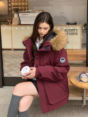 Zipper Version American Fleece Lined With Fur Collar Hooded Loose Leisure Outdoor Cotton-padded Clothing