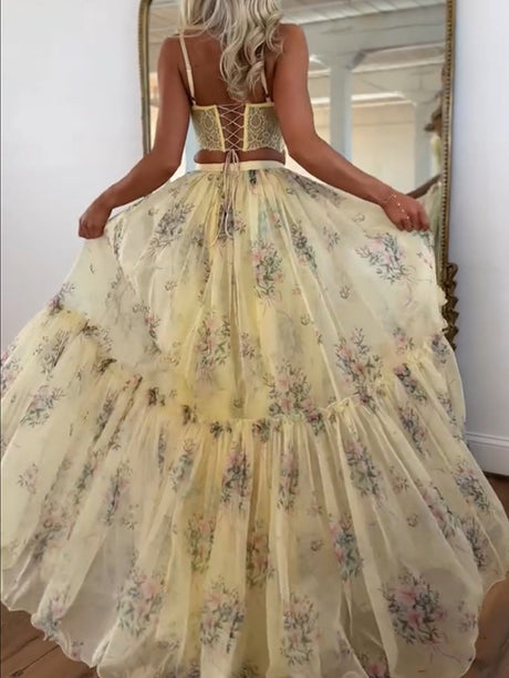Floral Chiffon Elegant Midi Skirt Halter Neck Strap Set 2-piece Sets