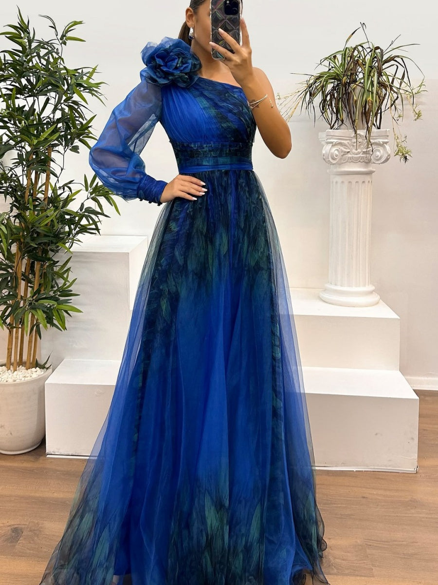 Sloping Shoulders Mesh Printed Reunion Maxi Dresses