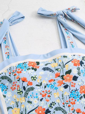 Double-sided Printed Retro-style Fresh Strapless Tie-up Swimsuit