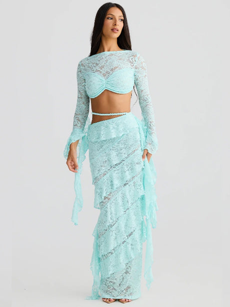Lace Round Neck Long-sleeved Bell Sleeve Top And Layered Ribbon Skirt Two-piece Set