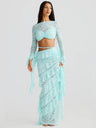 Lace Round Neck Long-sleeved Bell Sleeve Top And Layered Ribbon Skirt Two-piece Set