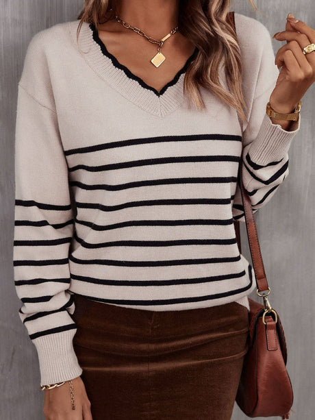 Stripes V-neck Color Matching Knitted Sweater