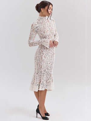 White Lace Long Sleeve Crew Neck Fishtail Slim Fit Dress