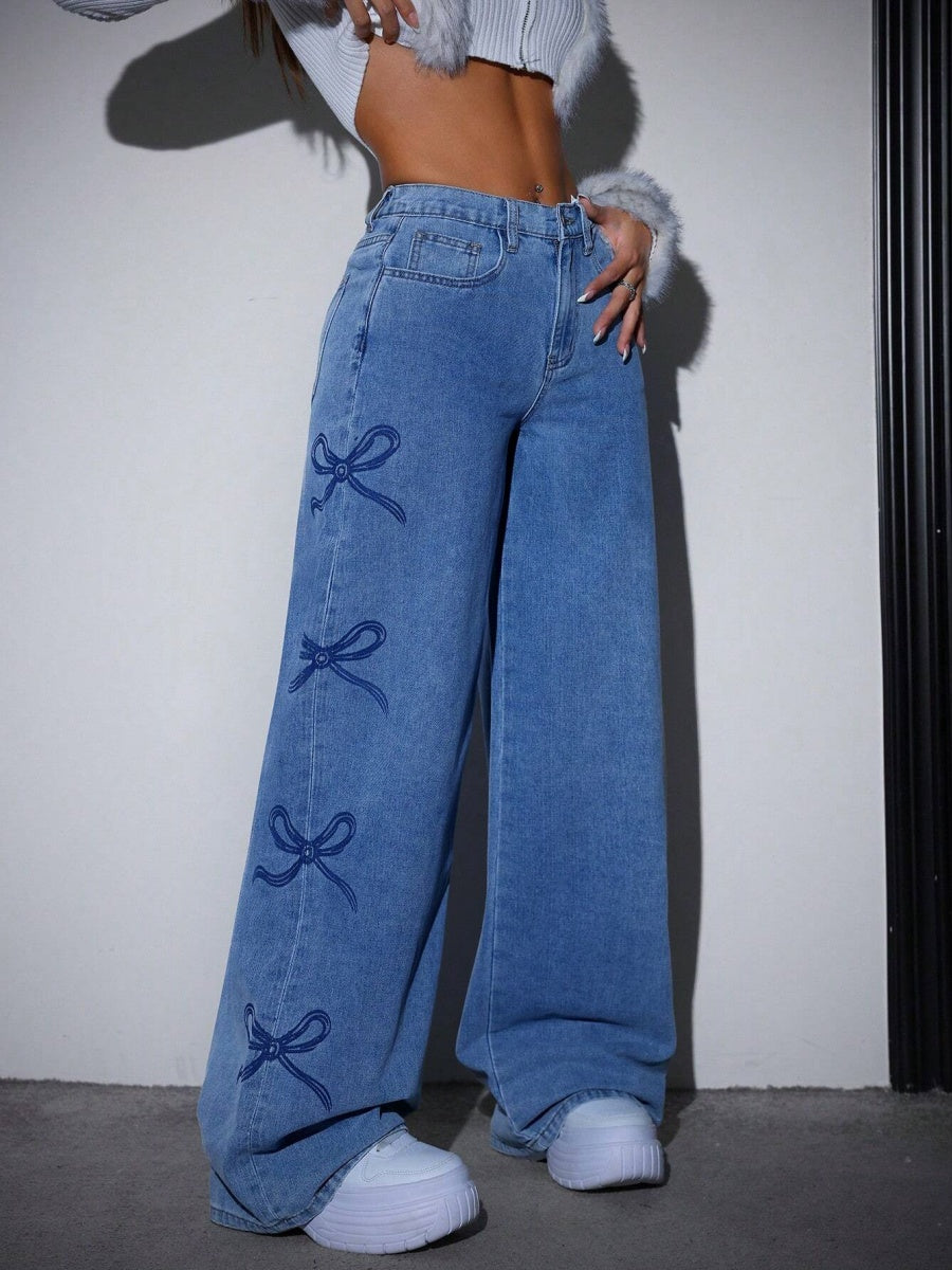 Y2K Spice Girl High Waist Wash Water Bow Straight Jeans