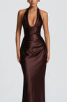 Halter Neck Deep V Long Dress With Pleats And Laces, Sexy Off-shoulder Design Maxi Dresses