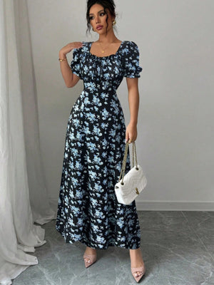 Floral Short Sleeve Square Collar Ruffle Vacation And Leisure Maxi Dresses