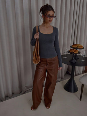 Wool Square Neck Plain Knit Long-sleeved Pullover Sweater