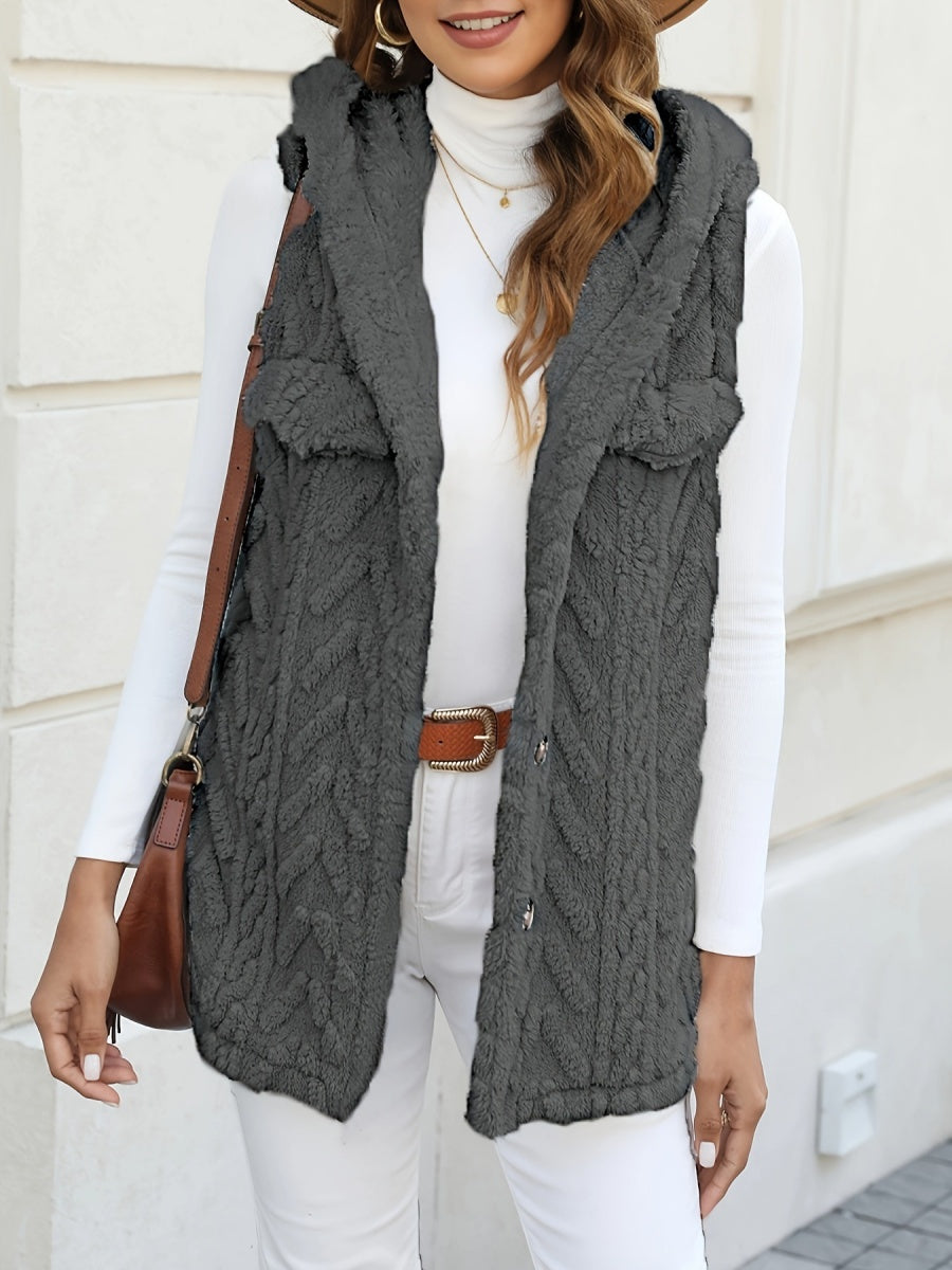 Three-dimensional Geometric Pattern Warm And Fashionable Plush Hooded Cardigan Mid-length Vest
