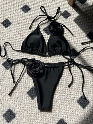 Solid Color Rose Drawstring Two-piece Swimsuit Bikini