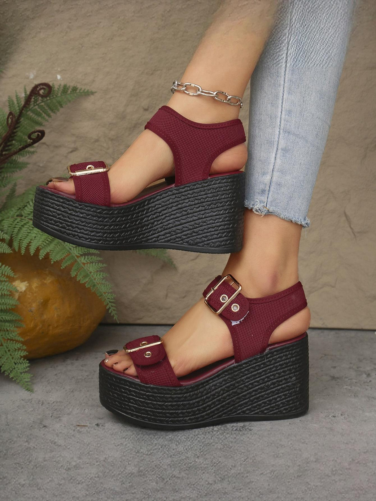 Metal Buckle Vacation Wedge Platform Sandals