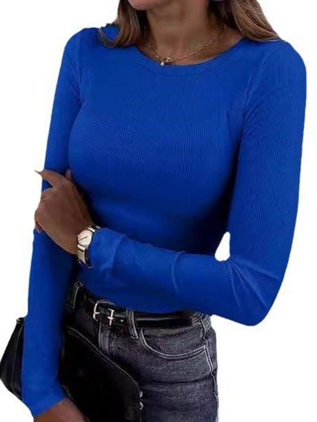 Pit Strip Long Sleeve Elastic Crew Neck Ribbed Slim Fit Basic T-shirts