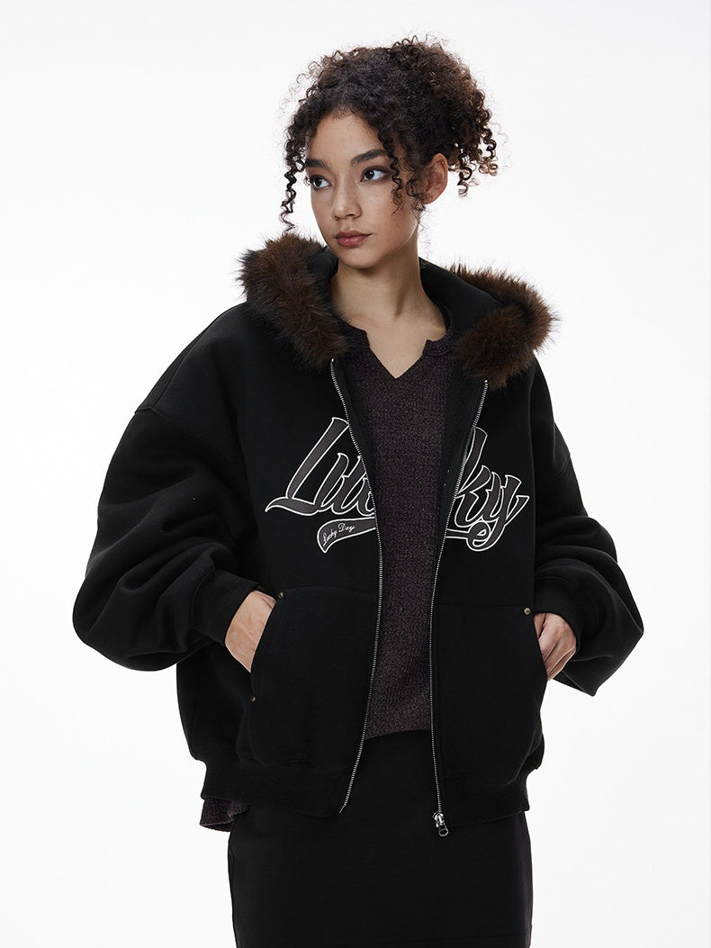 Hooded Embroidery Plush Collar Boxy Short Coat