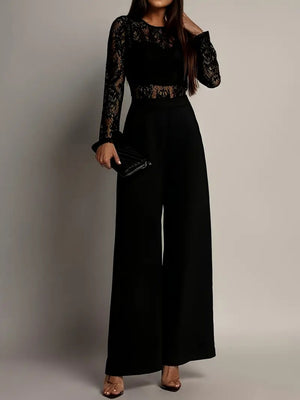 Lace Stitching Perspective Long Sleeve Wide Leg Jumpsuits