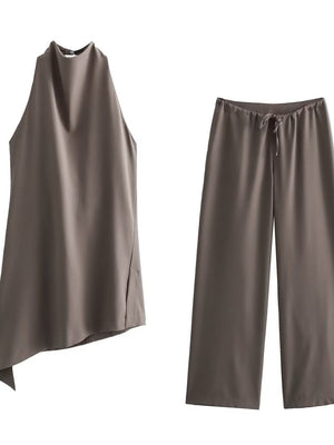 Halter Asymmetrical Jacket Wide-leg Trousers Commuting Set 2-piece Sets