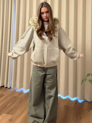 Hooded Zipper Stripes Detachable Large Fur Collar Retro Casual Cardigan