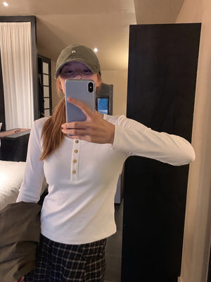 Korean Style Henley Collar Top With Straight Shoulders