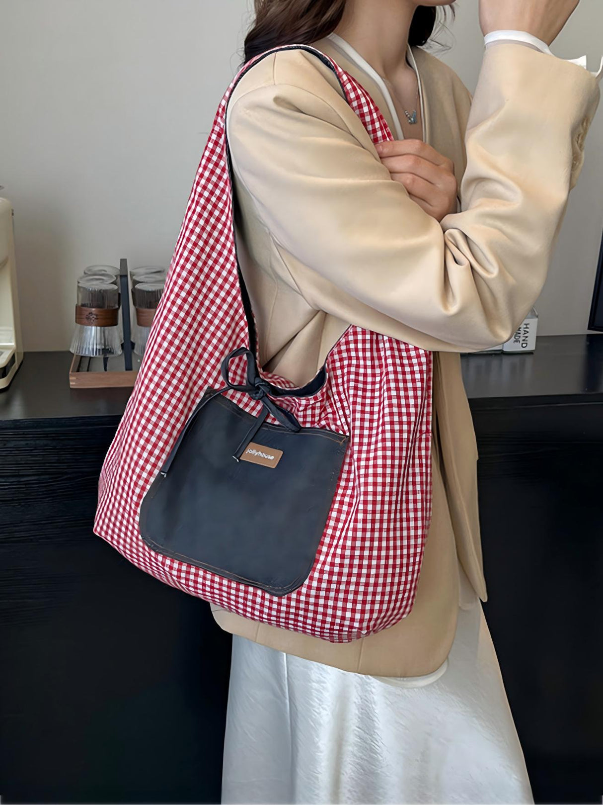 Denim Plaid Reversible Versatile Commuter Shoulder Bag