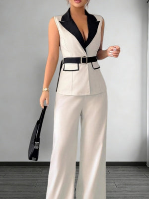 Straight-leg Trousers And Color-blocked Vest Two-piece Set