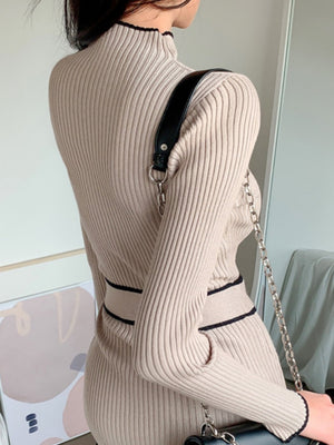 Autumn/Winter Retro Niche High-Neck Slim Fit Elegant Color Block Mid-Length Tie-Waist Knit Dress