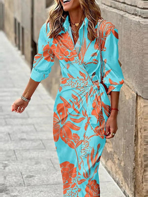 Wrap-up Shirt Collar Lace Up Printed Maxi Dresses