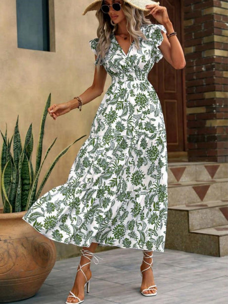 Floral Print V-neck Short Sleeve Maxi Dresses