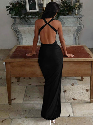 Swing Collar Halter Metal Decoration Maxi Dresses