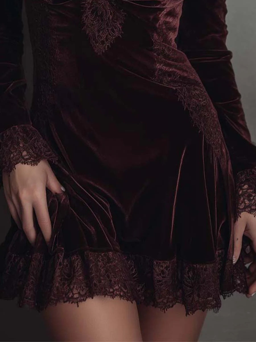 Burgundy Velvet Lace-trimmed Short Dress