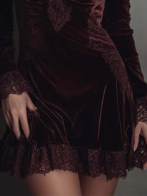 Burgundy Velvet Lace-trimmed Short Dress