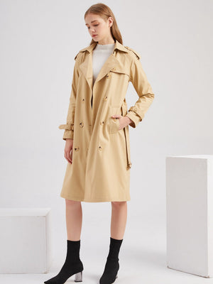 Waist-hugging Cotton Long Sleeve Lapel Three-dimensional Decoration Solid Color Trench Coats