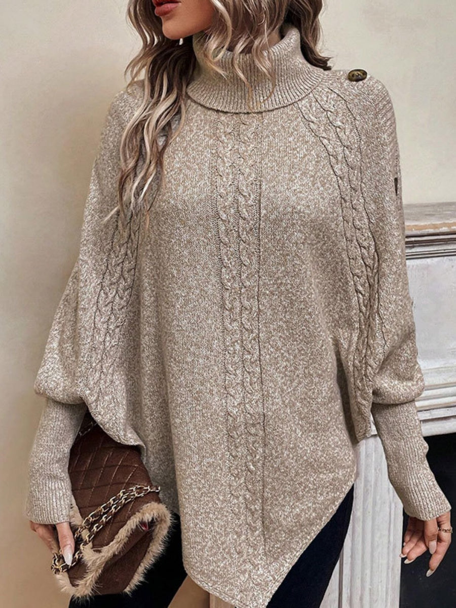 Khaki Cable Knit Turtleneck Buttons Batwing Sleeves Shawl Jacket