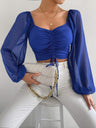 V-neck Spliced Chiffon Drawstring Lantern Sleeves Sweet T-shirts