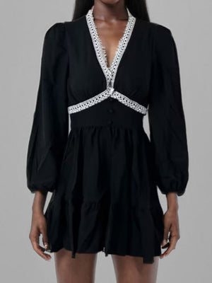 Floral Lace Deep V-neck Waist Puff Sleeve Sweet Mini&Short Dresses