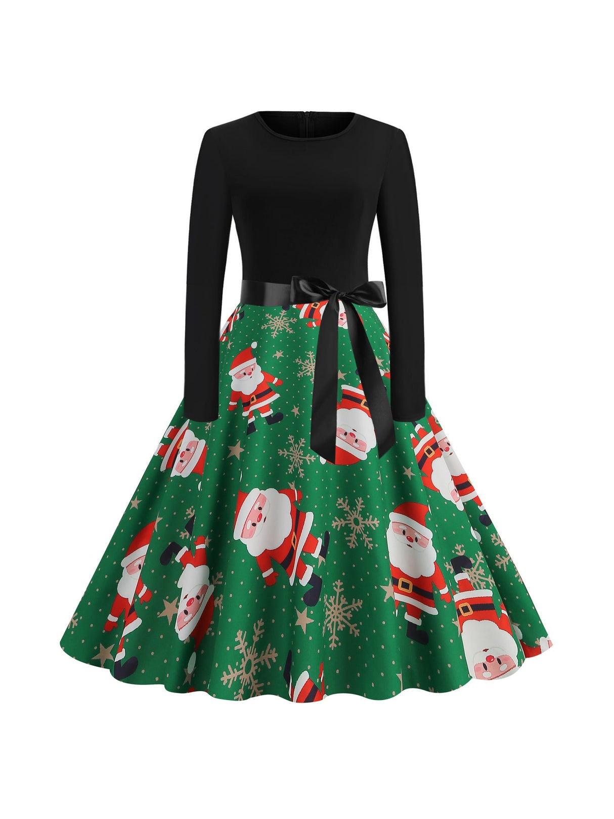 Christmas Crew Neck Splicing Long Sleeve Midi Dresses