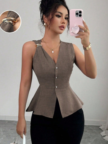Metal Buckle Design V-neck Sleeveless Fitted Waist Vest
