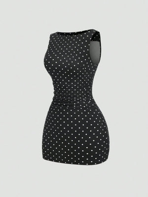 Polka Dots Sleeveless Waist Hip-hugging Mini&Short Dresses