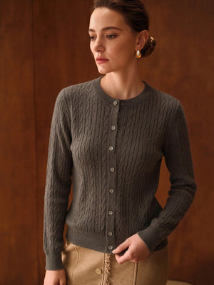 Wool Blend Cable Knit Crew Neck Single-breasted Cardigan