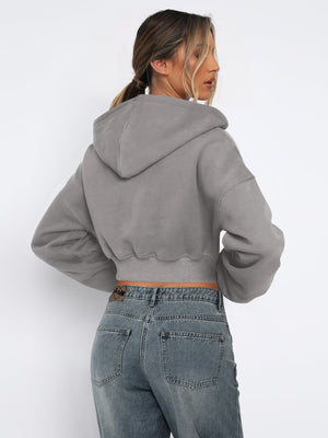 Women's Autumn/Winter Solid Color Zipper Cardigan Long Sleeve Short Hooded Sweatshirt