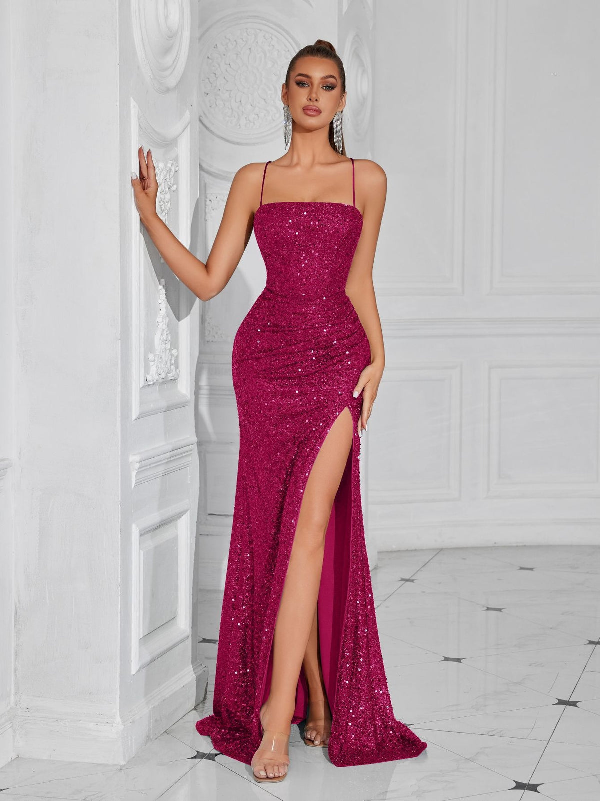 Fitted Strapless Serrated Long Dress With Sequins