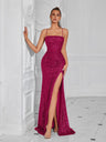 Fitted Strapless Serrated Long Dress With Sequins