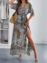 Printed Straps V-neck Short Sleeve Slit Maxi Dresses