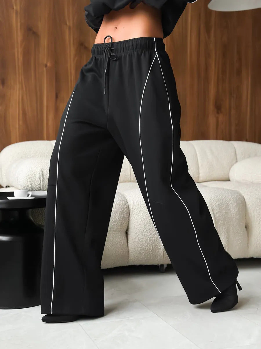 American Retro Color-blocked Striped Tracksuit For Women Two-piece Set: Collared Half-zip Sweatshirt And High-waisted Wide-leg Sweatpants