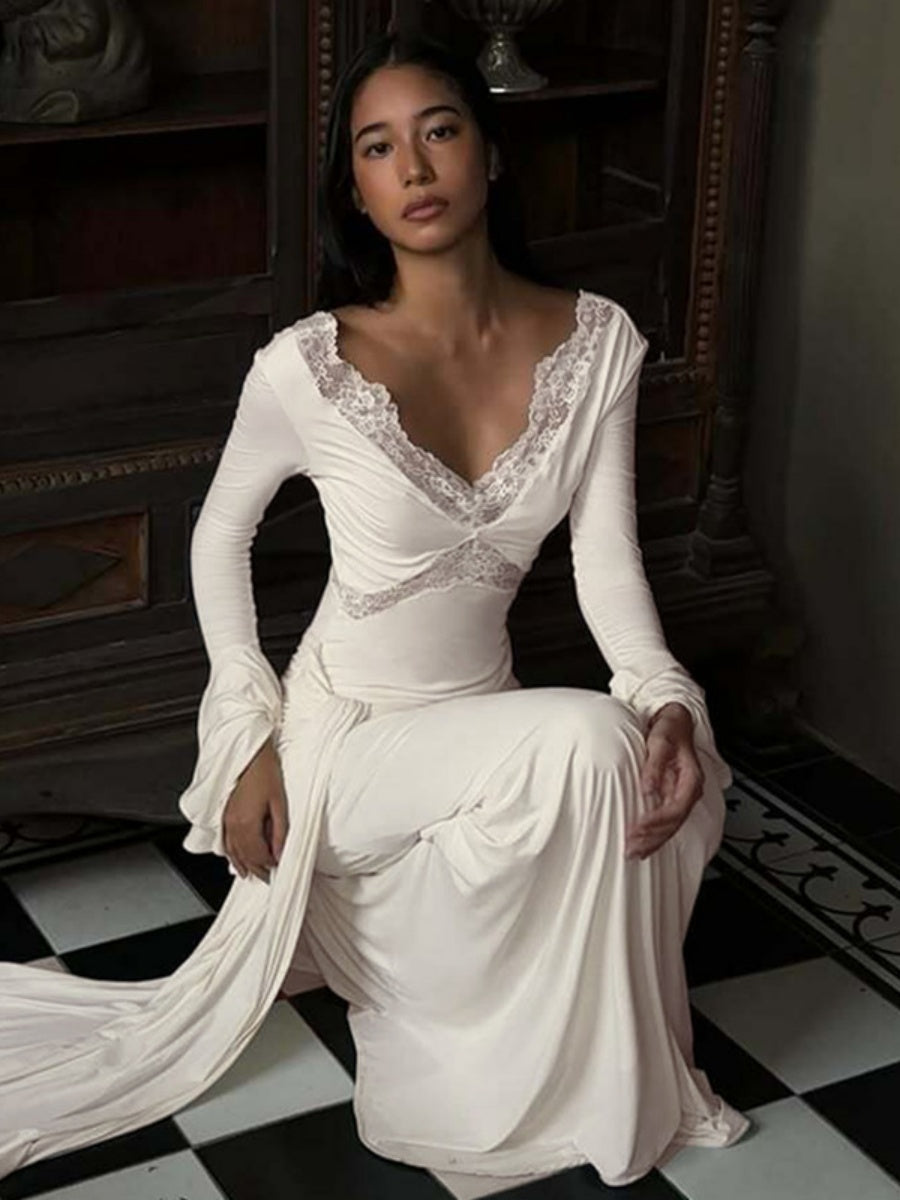 Women's Lace stitching V-neck Maxi Dresses
