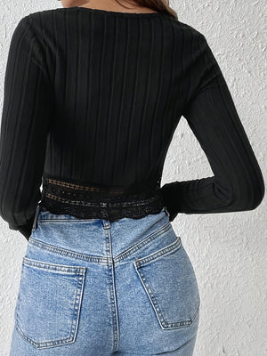 Lace Stitching Solid Color Crew Neck Long Sleeve Pit Strip T-shirts