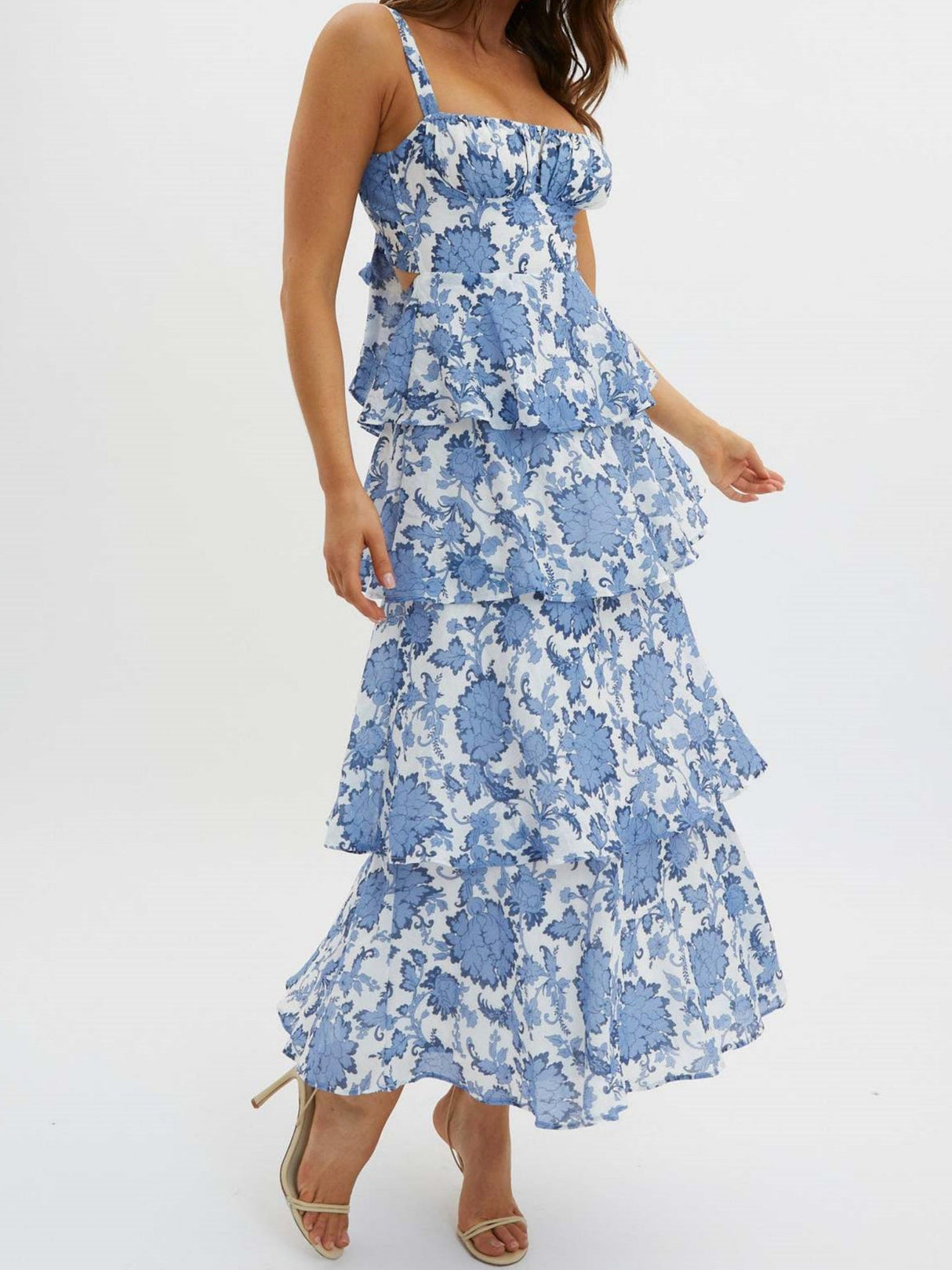 Floral Print Pleats On Suspenders Maxi Dresses