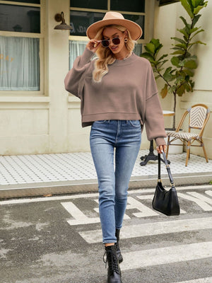 Liber Autumn Women's Crew Neck Raglan sleeves Jacket Short Loose Long sleeve Sweaters